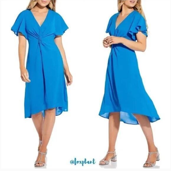 ADRIANNA PAPELL Blue Twist Front‎  High-low Flutter Sleeve Cocktail Dress,  14 - Picture 1 of 16